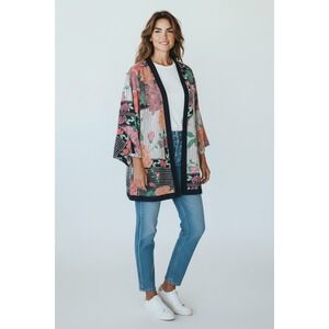 Chico's Kimono Style Jacket Women's Size 3  16/18 Floral Stripe Print Open Front